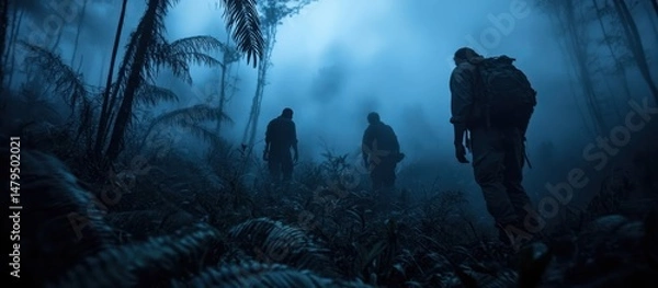 Fototapeta Silhouette figures in a dense, foggy jungle