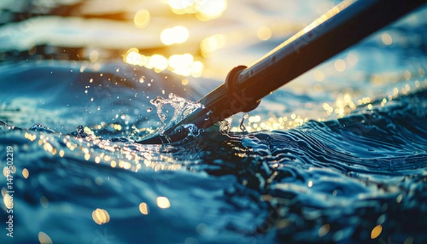 Obraz Oar dips, creating ripples on water surface, reflecting sunset