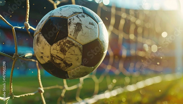 Obraz Soccer ball in the net against bright sunlight and grass