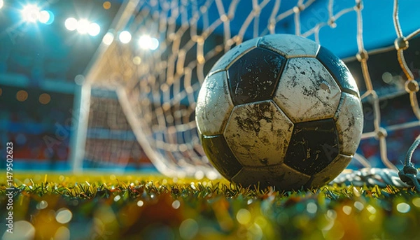 Obraz A soccer ball rests in the goal's net, bathed in stadium lights, on a vibrant green field