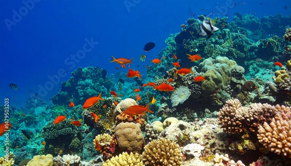 Obraz Vibrant coral reef with schools of fish in clear blue waters