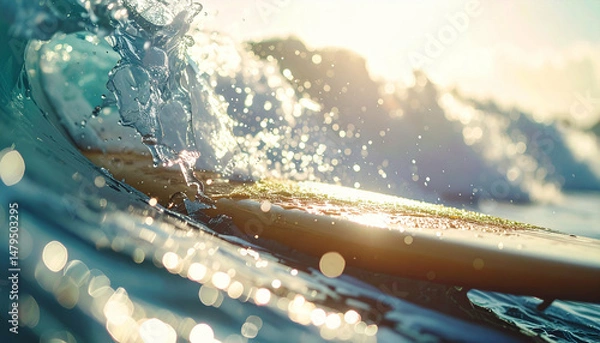 Obraz Golden light illuminating a surfboard submerged in a splashing wave with ocean backdrop