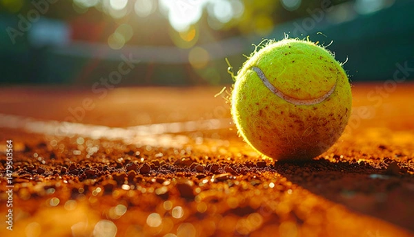 Obraz Tennis ball rests on a clay court, basking in golden sunlight