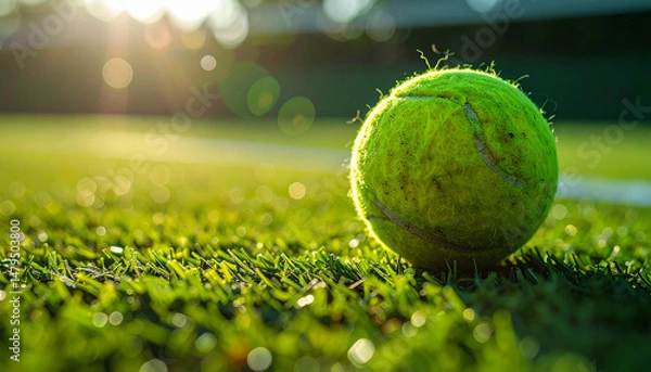 Obraz Green tennis ball rests on a court, basking in warm sunlight, creating bokeh effects