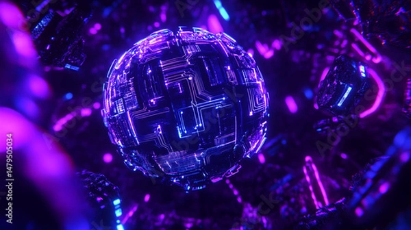 Fototapeta digital brain made of glowing circuits floating in a dark void, neon purple and blue hues, surreal, ultra-detailed, sci-fi aesthetic