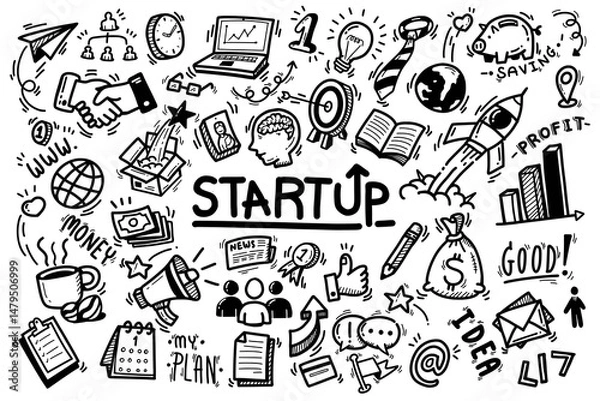 Fototapeta set of vector doodle element related to startup business strategy. hand drawn cartoon outline, black bold line isolated on white background