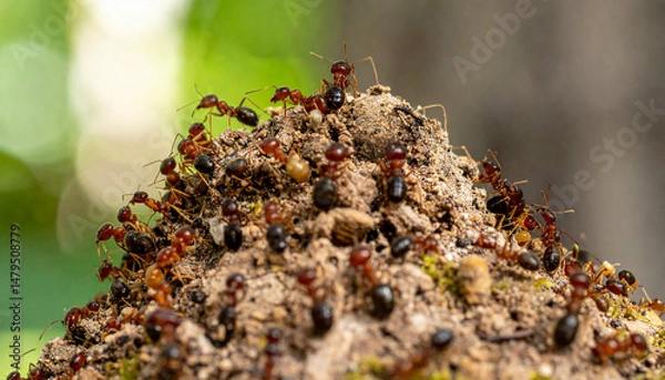 Obraz Ant Colony Ants crawl on soil, forming a colony with natural green blurred background