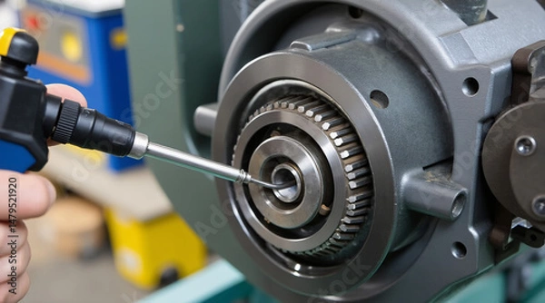 Fototapeta Precision Maintenance of Industrial Machinery with Close-Up Screwdriver and Gear