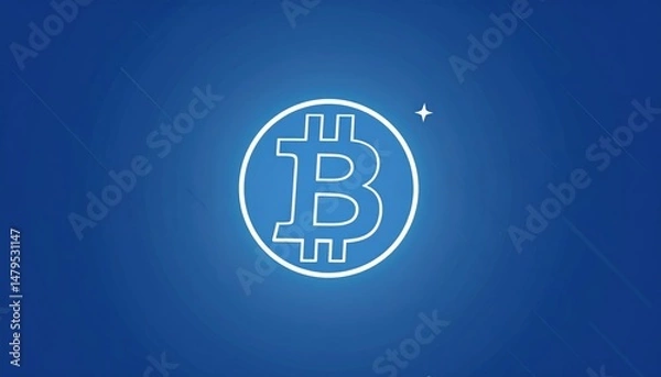 Fototapeta Bitcoin symbol illuminated on blue background cryptocurrency concept digital environment graphic design