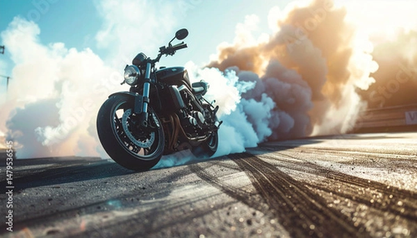 Obraz Motorcycle burnout on a racetrack creating smoke with blue sky above on a sunny day