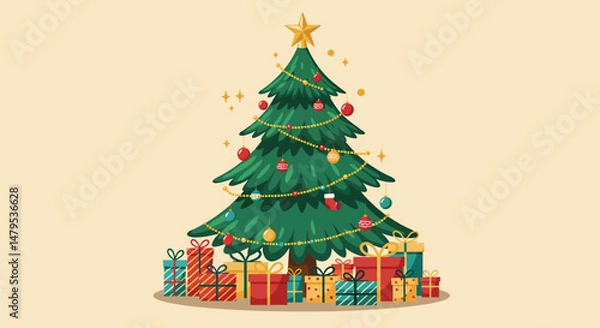 Fototapeta Flat Vector Christmas Tree with Gifts