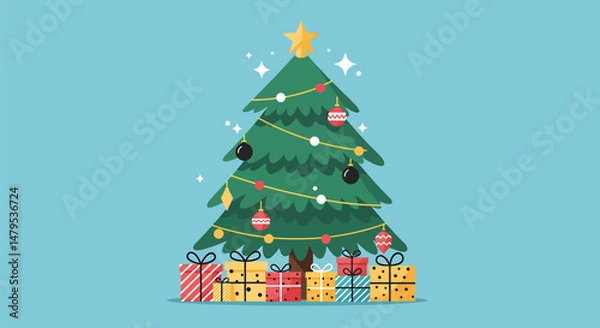 Fototapeta Flat Vector Christmas Tree with Gifts