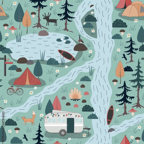 Fototapeta Summer Forest Camping Adventure, seamless pattern. Camping landscape vector background.