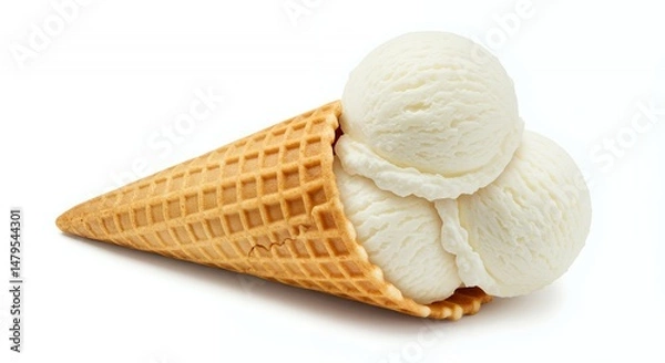 Obraz Creamy White Ice Cream Scoops in Waffle Cone Isolated on White Background Perfect for Summer Treats and Promotions