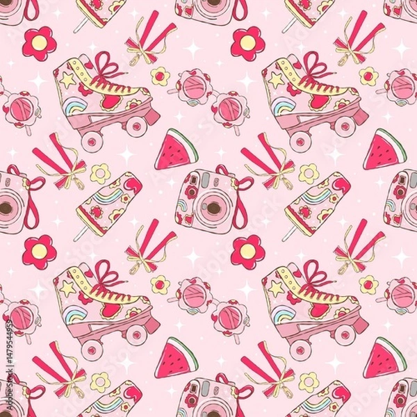 Obraz Roller Skate Candy Floral Pattern.Cute Roller Skate Bow Summer Design.Whimsical Skate Camera Fruit Art.Adorable Roller Skate Candy Print