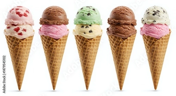 Fototapeta Five Ice Cream Cones with Various Flavors Arranged on White Background
