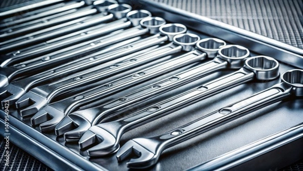 Fototapeta Close-up view of a neatly organized set of chrome wrenches in a metallic tray, showcasing their polished surfaces and precise engineering