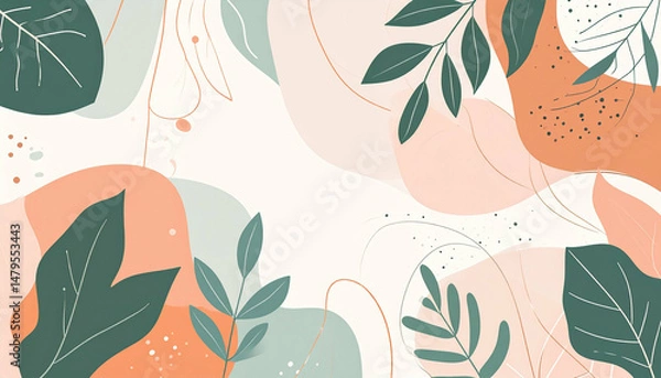 Fototapeta Abstract leaves with coral and green shapes on a cream background, featuring delicate line details