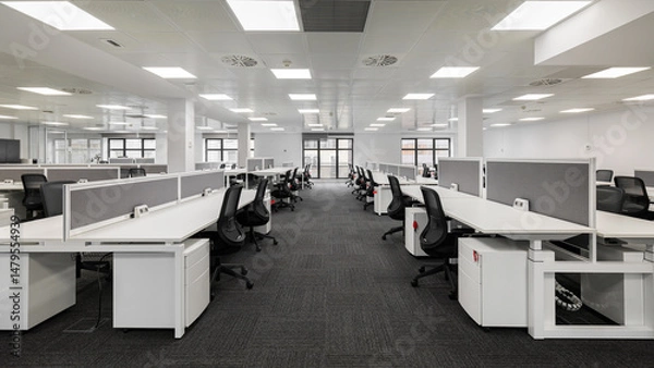 Fototapeta Spacious modern office with open-plan design and ergonomic furniture