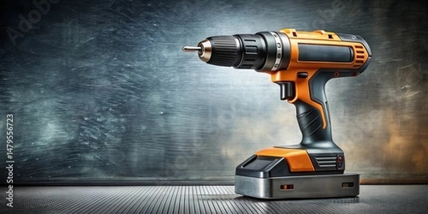 Fototapeta A powerful cordless drill with an orange and black casing rests on a metallic surface against a textured backdrop