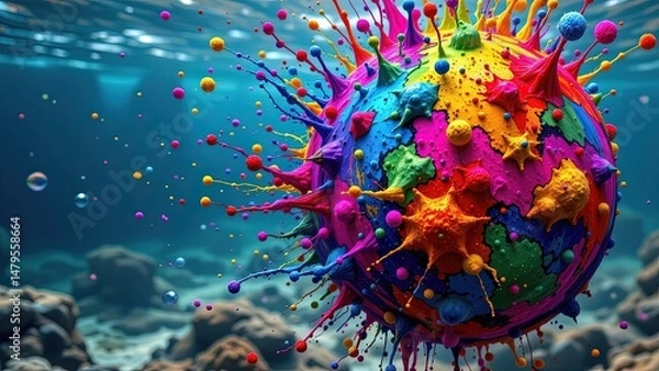 Obraz vibrant colorful sphere bursting outward resembling vibrant explosion of paint. sphere composed of various bright colors including blue green yellow orange pink purple creating visually...