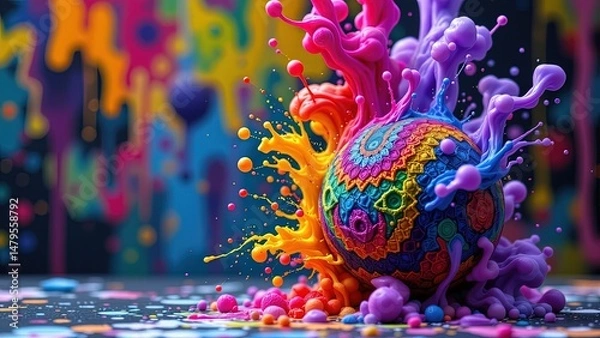 Obraz vibrant dynamic scene colorful intricately patterned sphere that appears to motion. Surrounding sphere splashes of vivid colors including shades of pink purple orange yellow creating sense...