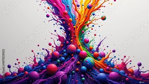 Obraz vibrant dynamic visual composition featuring burst of colorful fluid-like shapes. At center cascade of vivid hues�ranging from deep purples to bright oranges�creates impression of movement...