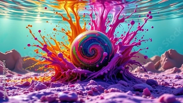 Obraz vibrant surreal scene where colorful swirling sphere emerges from pool of vivid liquid-like splashes. sphere surrounded array of bright dynamic colors including orange pink purple blue...
