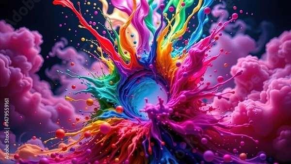Obraz vibrant dynamic visual composition dominated swirling explosion of colors. At center circular vortex of blue hues radiates outward surrounded array of splashes vivid shades of red yellow...