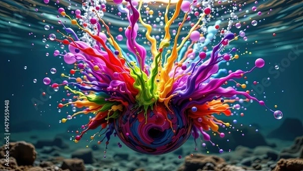 Obraz vibrant colorful explosion of paint bursting outward creating display of vivid hues such as red yellow green blue purple. explosion appears to suspended watery environment bubbles rising...