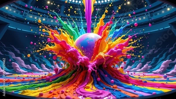 Obraz vibrant dynamic scene filled burst of colorful liquid splashes radiating outward creating visual effect. At center spherical object suspended amidst explosion of colors surrounded swirling...