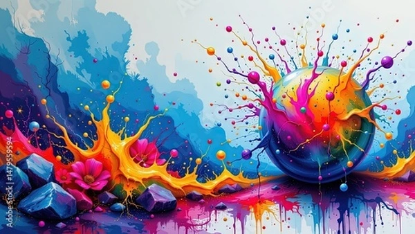 Obraz vibrant dynamic scene filled variety of bright colors. At center there large colorful sphere that appears to bursting outward splashes of paint-like droplets extending all directions....