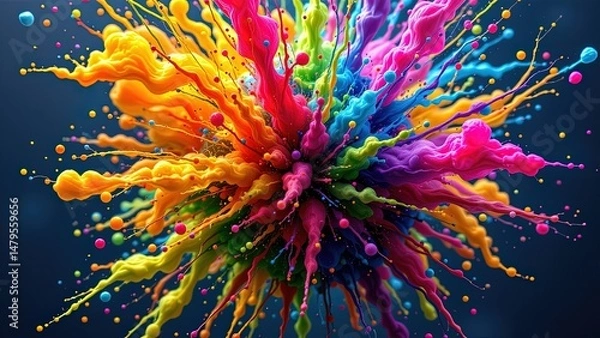 Obraz vibrant explosion of colors bursting outward dynamic chaotic manner. explosion composed of variety of bright hues including yellow orange red pink blue green creating visually striking...