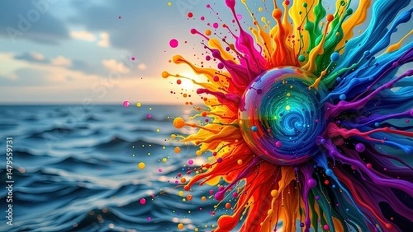 Obraz vibrant dynamic scene where colorful swirling sphere emerges from ocean surrounded splashes of paint spectrum of colors. sphere appears to blend of blues purples greens oranges creating...