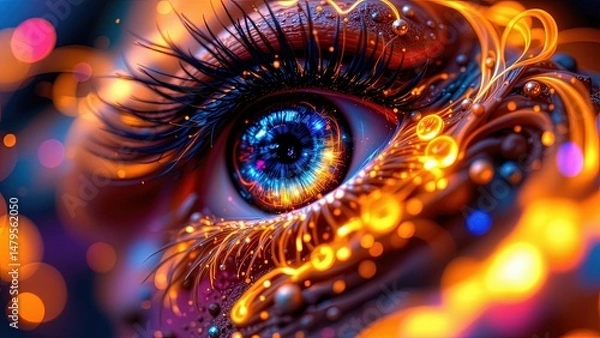 Obraz close-up of eye intricately designed vibrant glowing elements that create ethereal futuristic atmosphere. eye itself adorned intricate patterns resembling circuitry glowing shades of orange...
