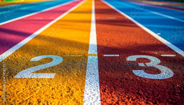 Fototapeta Vibrant running track showing lanes with numbered markers, bright colors of the rainbow