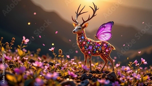 Obraz whimsical scene where deer stands amidst field of vibrant pink flowers bathed warm glow of setting sun. deer adorned colorful array of flowers giving it enchanting appearance. Notably deer...
