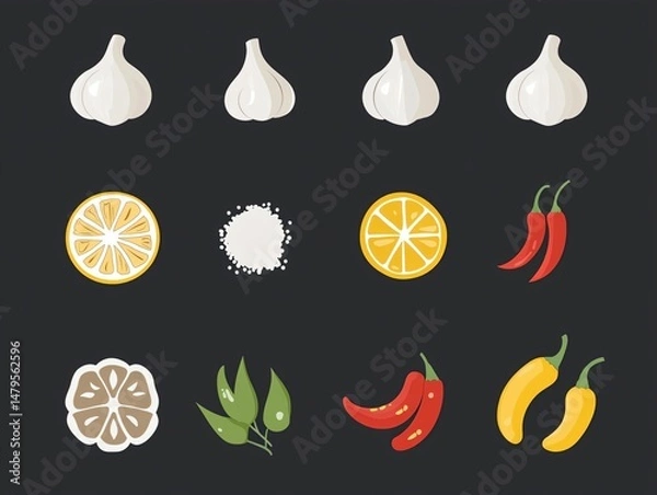 Obraz Flat Minimal Cooking Ingredient Icon Collection for Food Design