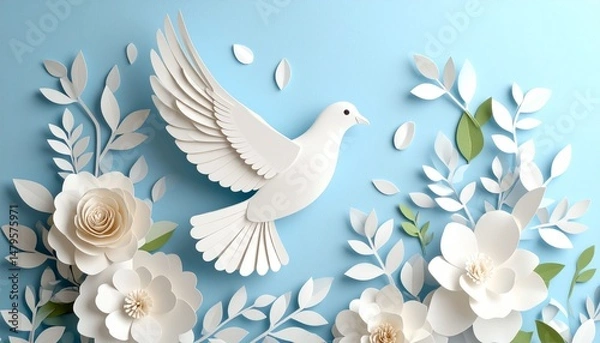 Obraz White Pigeon Flying Over Flowers with Paper Cut Out Design