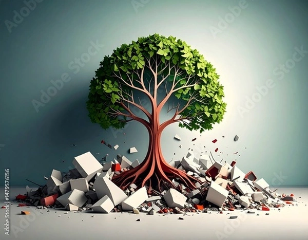 Obraz Paper Cut Out Tree of Life Growing Amid War Debris