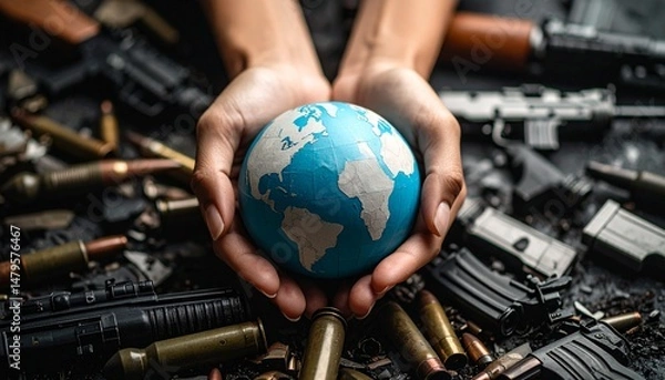 Obraz Hands Holding Globe Surrounded by Broken Weapons