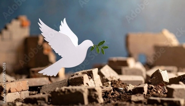 Obraz Paper Cut Out Dove Bringing Olive Branch Over War Ruins