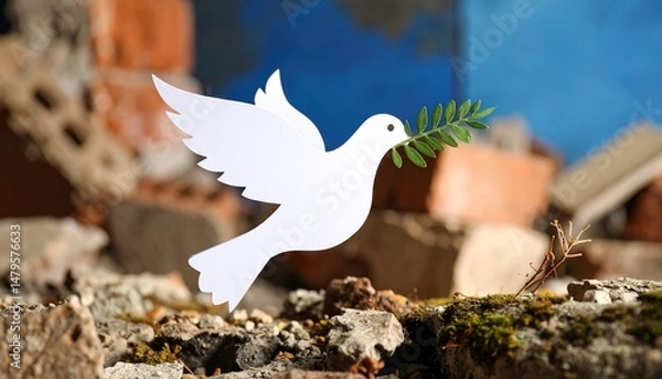 Obraz Paper Cut Out Dove Bringing Olive Branch Over War Ruins