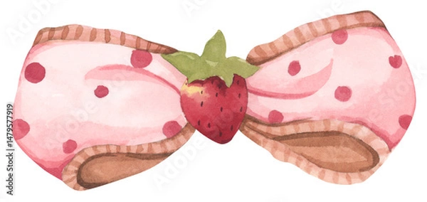 Fototapeta Coquette Strawberry Bow Watercolor in Autumn Garden with Soft Pastel and Feminine Vintage Style