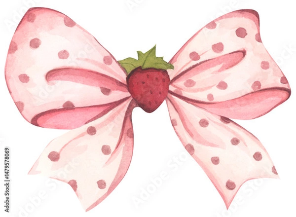 Fototapeta Coquette Strawberry Bow Watercolor in Autumn Garden with Soft Pastel and Feminine Vintage Style