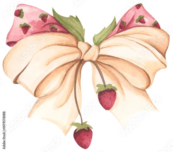 Fototapeta Coquette Strawberry Bow Watercolor in Autumn Garden with Soft Pastel and Feminine Vintage Style