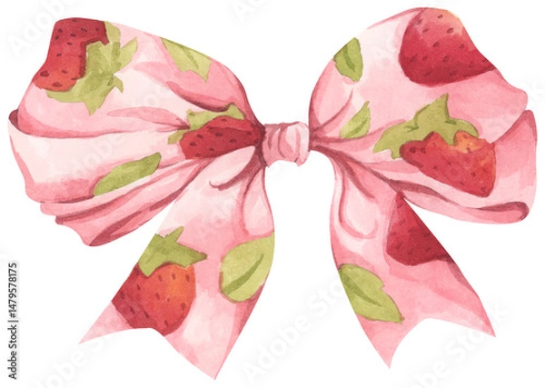 Fototapeta Coquette Strawberry Bow Watercolor in Autumn Garden with Soft Pastel and Feminine Vintage Style