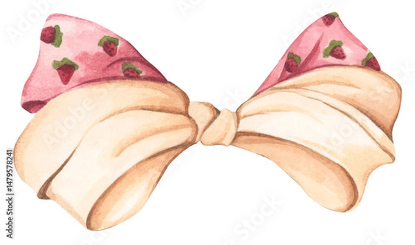 Fototapeta Coquette Strawberry Bow Watercolor in Autumn Garden with Soft Pastel and Feminine Vintage Style