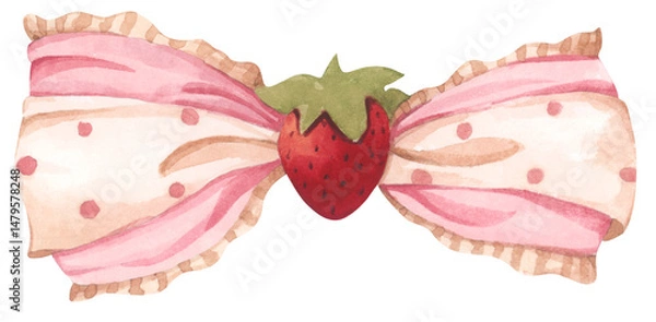 Fototapeta Coquette Strawberry Bow Watercolor in Autumn Garden with Soft Pastel and Feminine Vintage Style