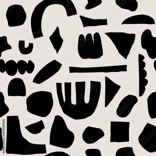 Fototapeta Black bold modern cutout style abstract shapes seamless pattern design. The minimalistic vector composition for textile, wallpapers, social media
